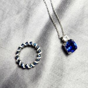 Pair of Blue and White Lab Created Sapphire Pendants and Chain